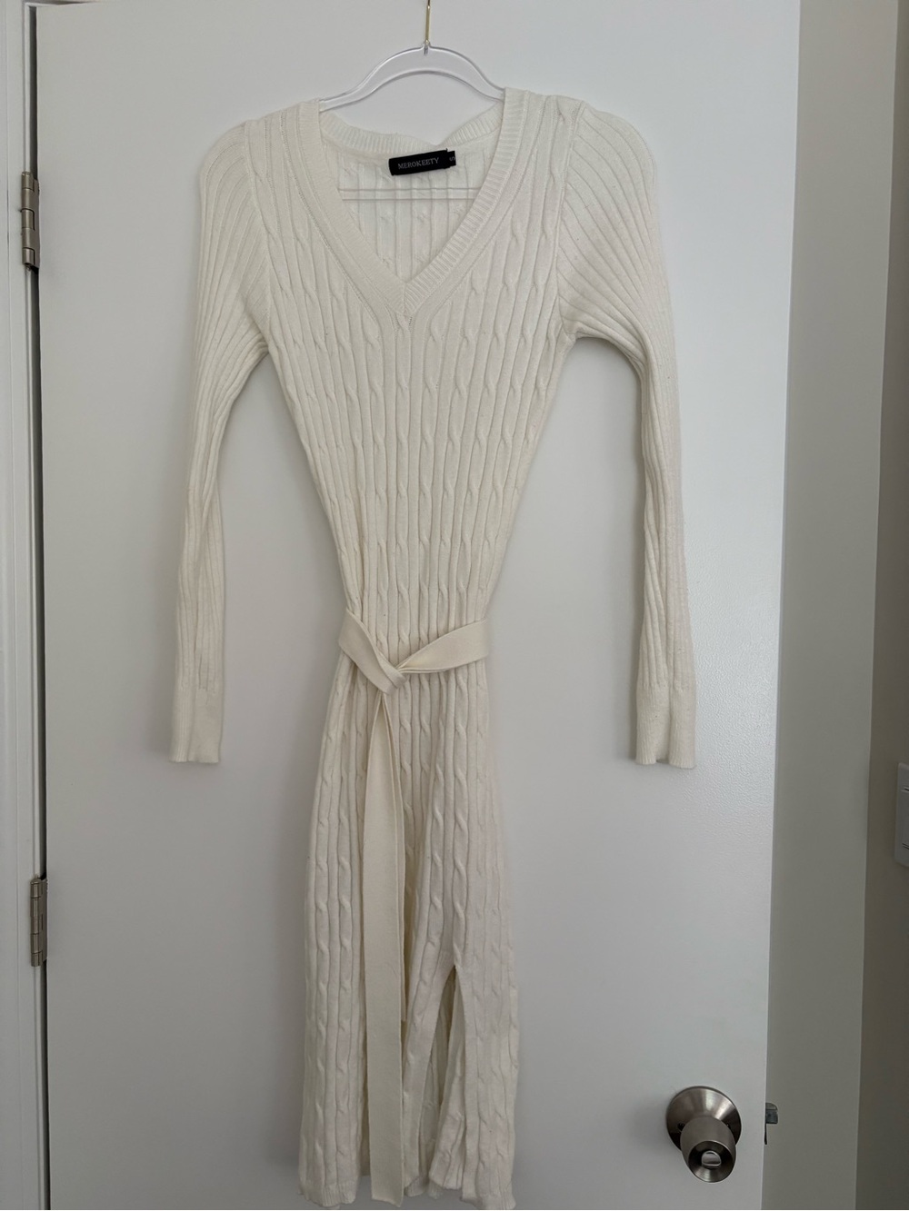 Soft Cream Cable-Knit V-Neck Long-Sleeve Belted Midi Dress